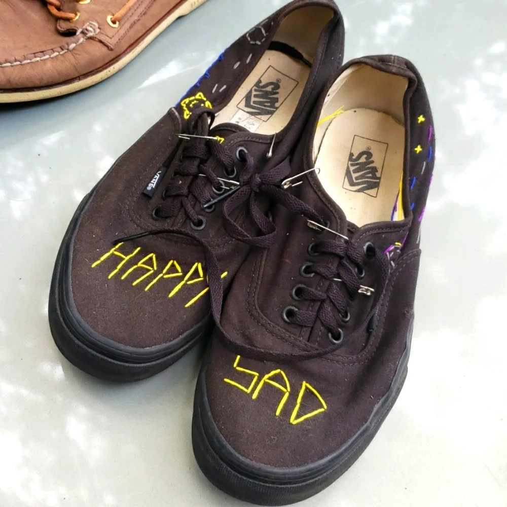 Mens VANS Stitch Sewn Customized Black Happy Sad  ~ Day Night Left Right sz 11.5